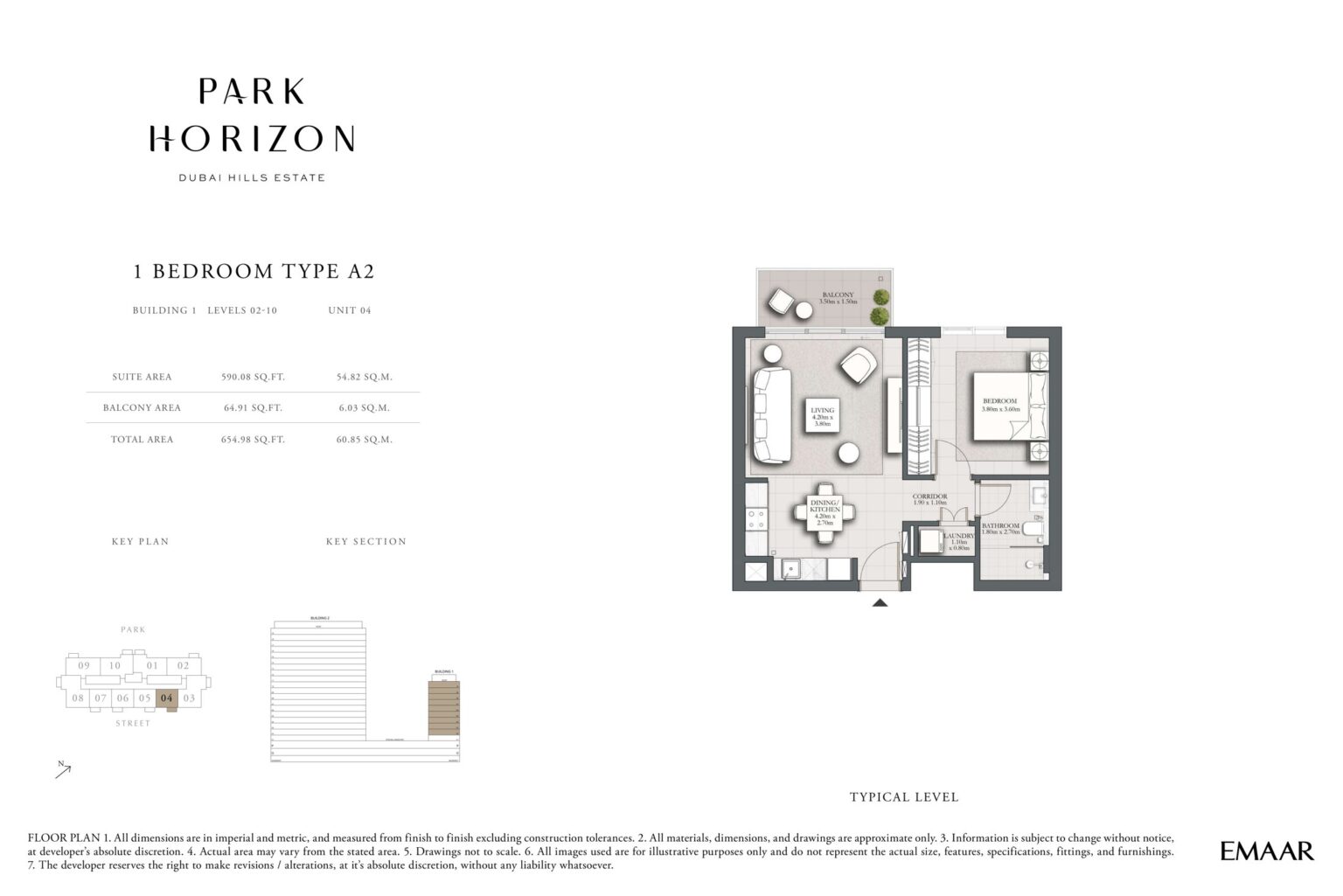 Park Horizon 1 bedroom type A2 floor plan, building 1 levels 2 to 10, Dubai Hills Estate