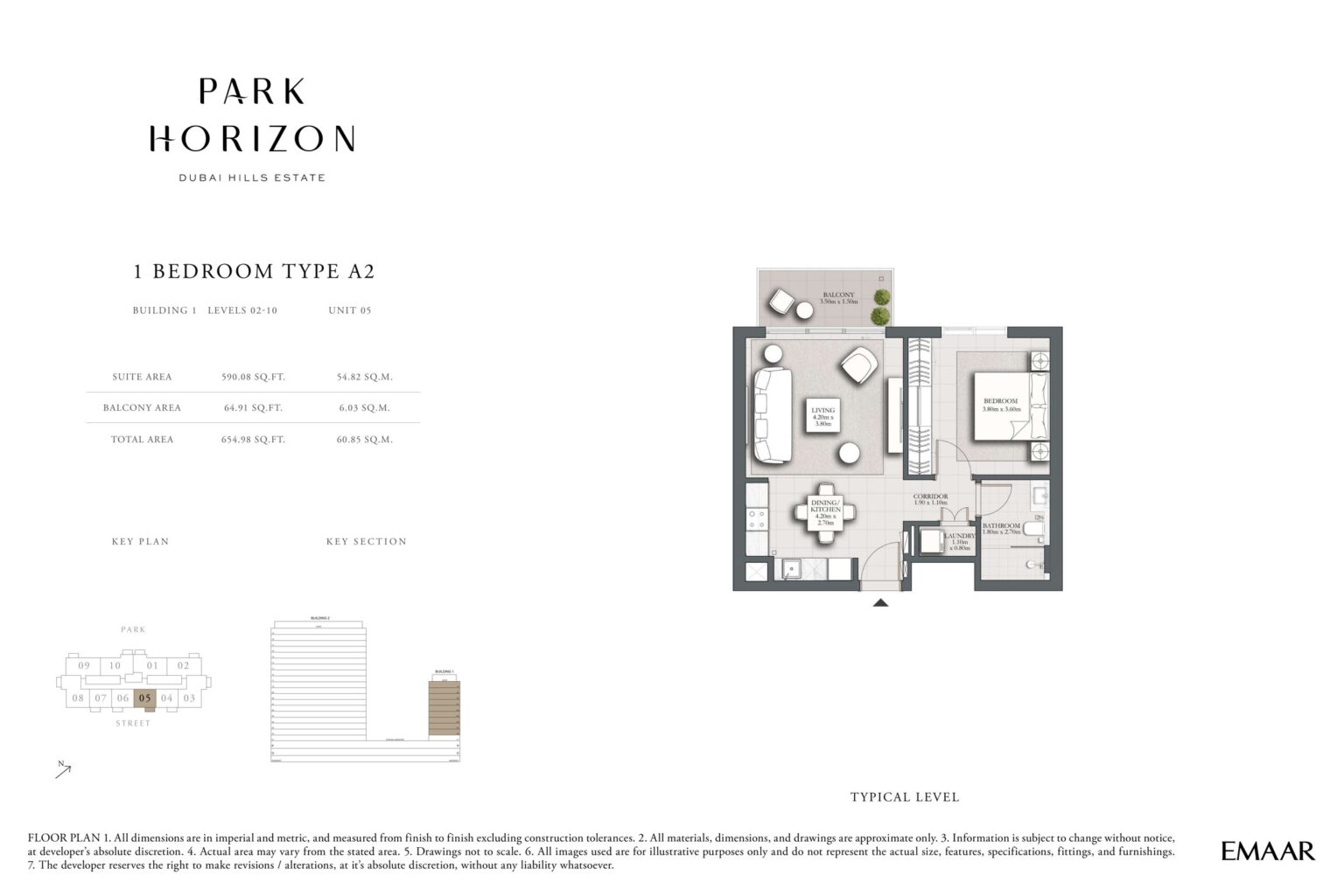 Park Horizon 1 bedroom type A2 floor plan, building 1 levels 2 to 10, Dubai Hills Estate