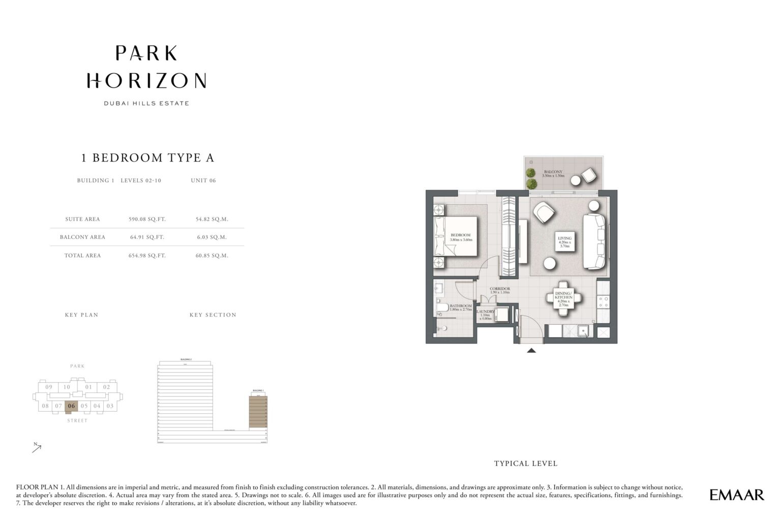 Park Horizon 1 bedroom type A floor plan, building 1 levels 2 to 10, Dubai Hills Estate