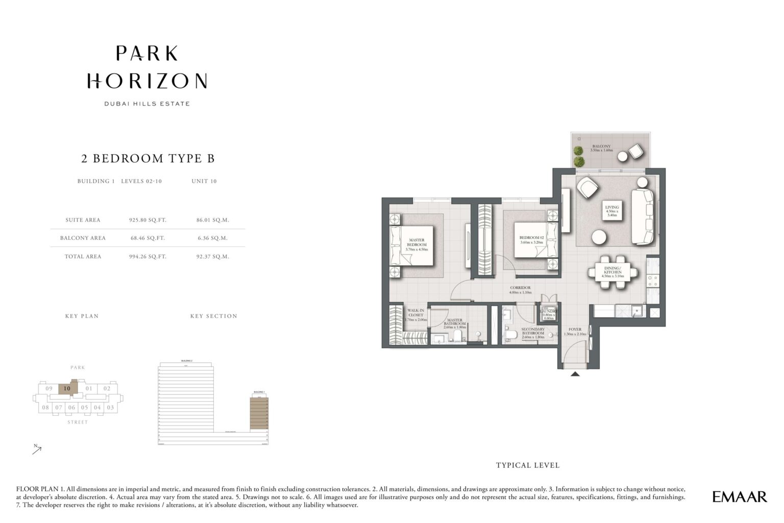Park Horizon 2 bedroom type B floor plan, building 1 levels 2 to 10, Dubai Hills Estate