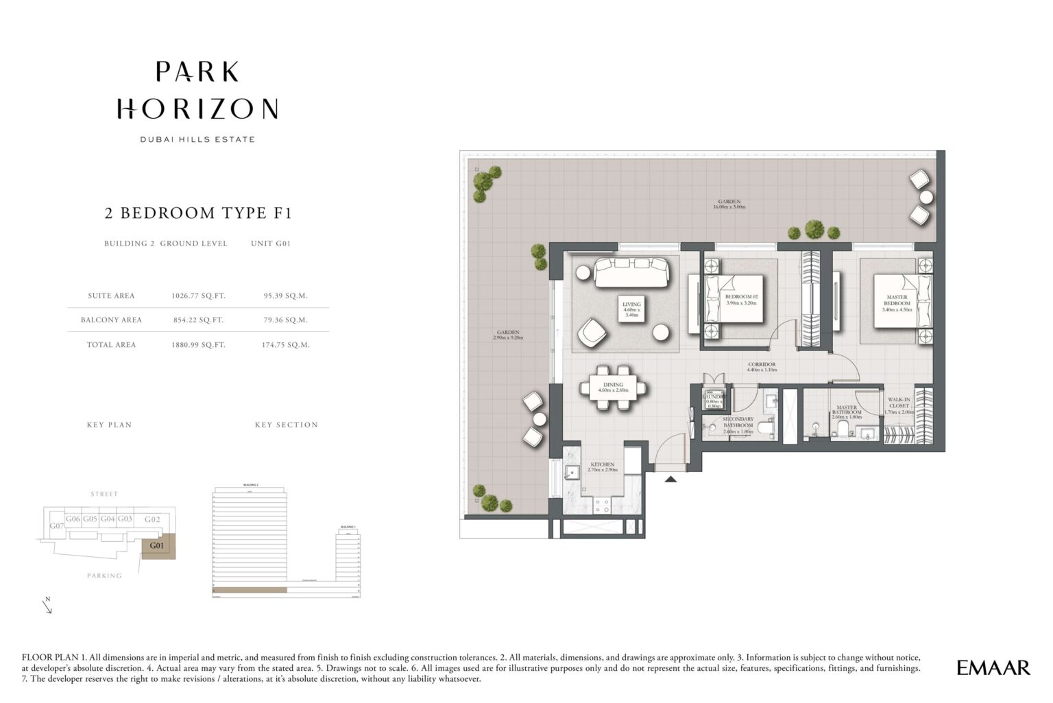 Park Horizon 2 bedroom type F1 floor plan, building 2 ground level, Dubai Hills Estate
