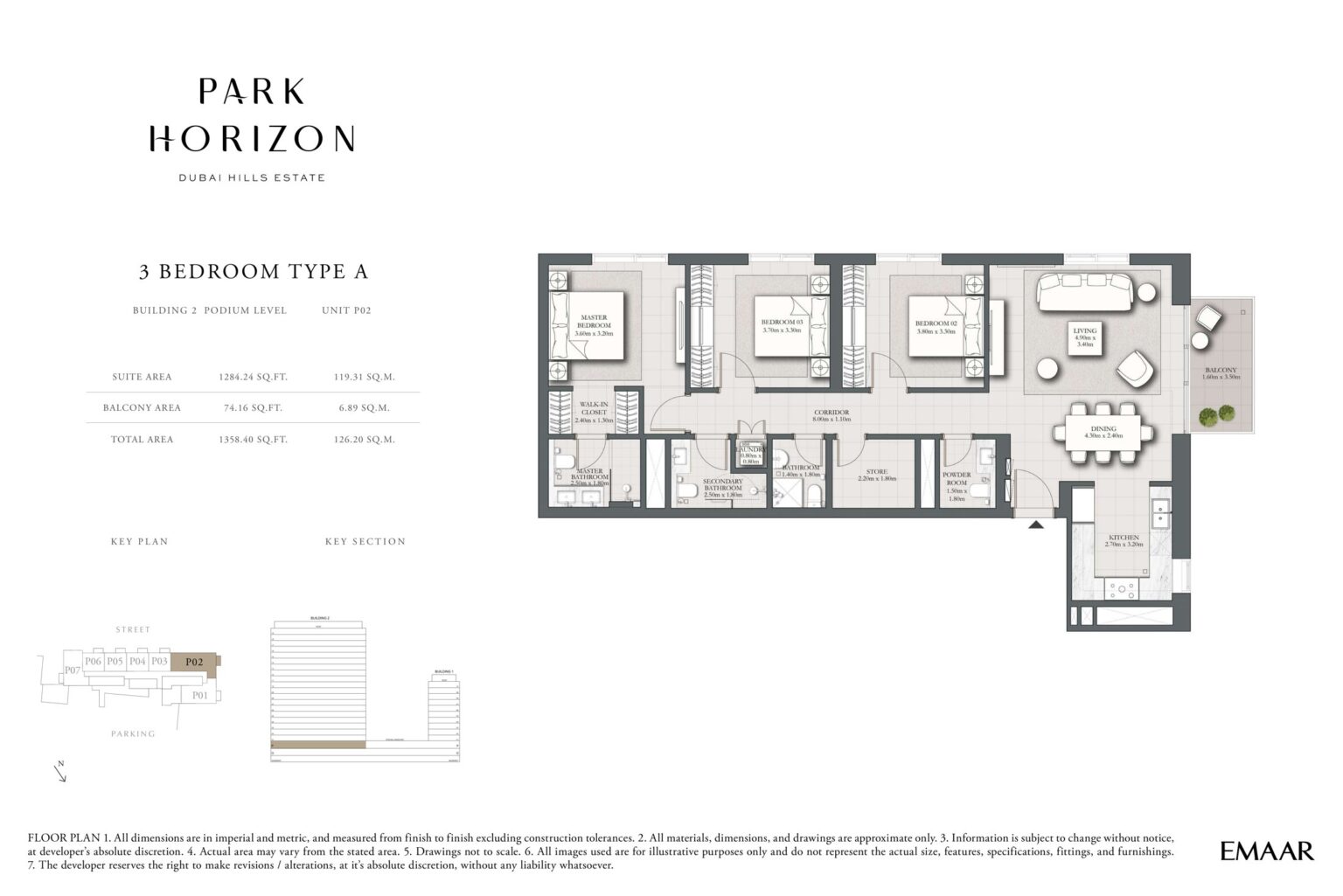 Park Horizon 3 bedroom type A floor plan, building 2 podium level, Dubai Hills Estate