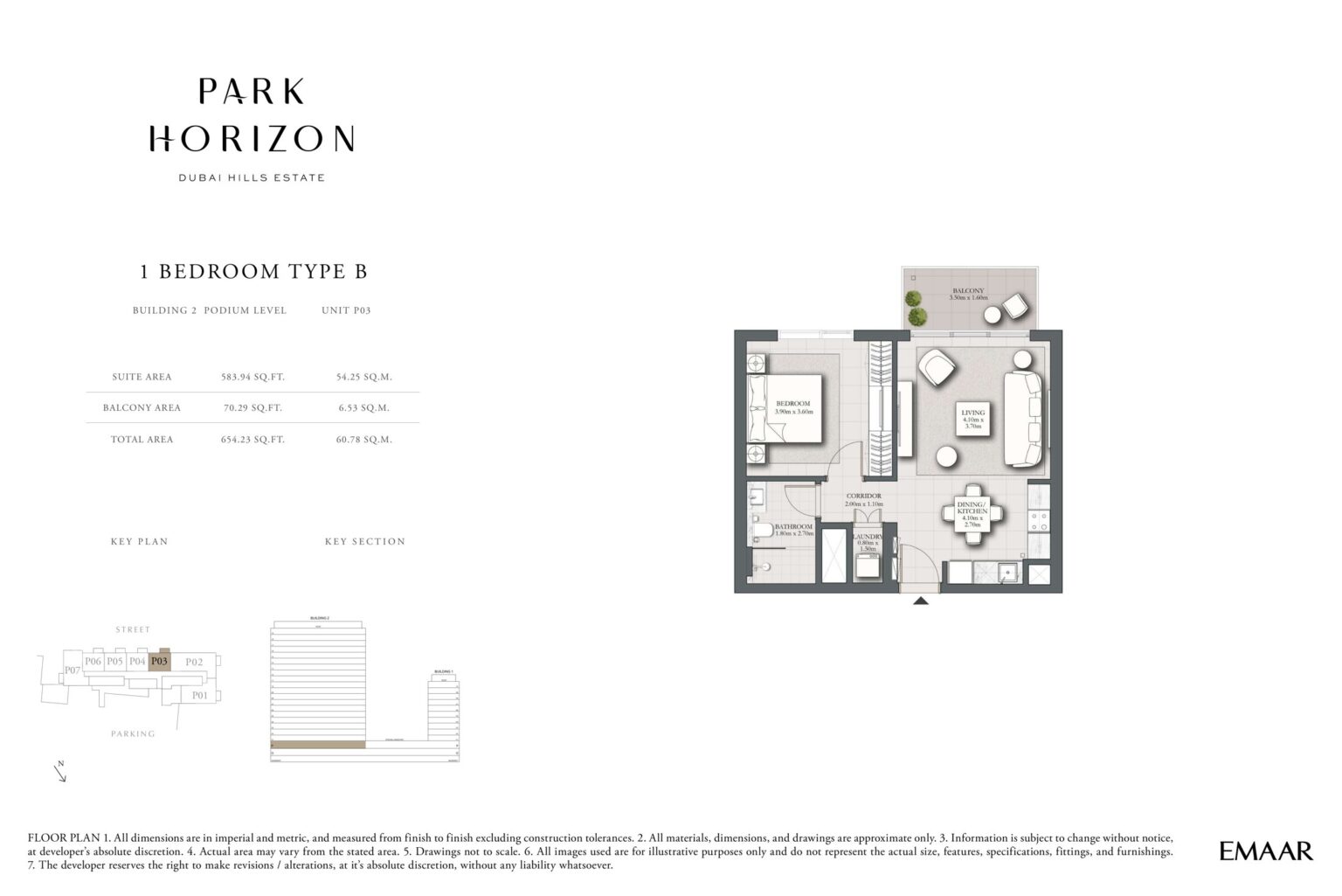 Park Horizon 1 bedroom type B floor plan, building 2 podium level, Dubai Hills Estate
