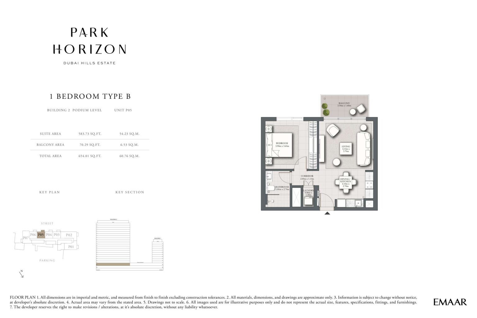 Park Horizon 1 bedroom type B floor plan, building 2 podium level, Dubai Hills Estate