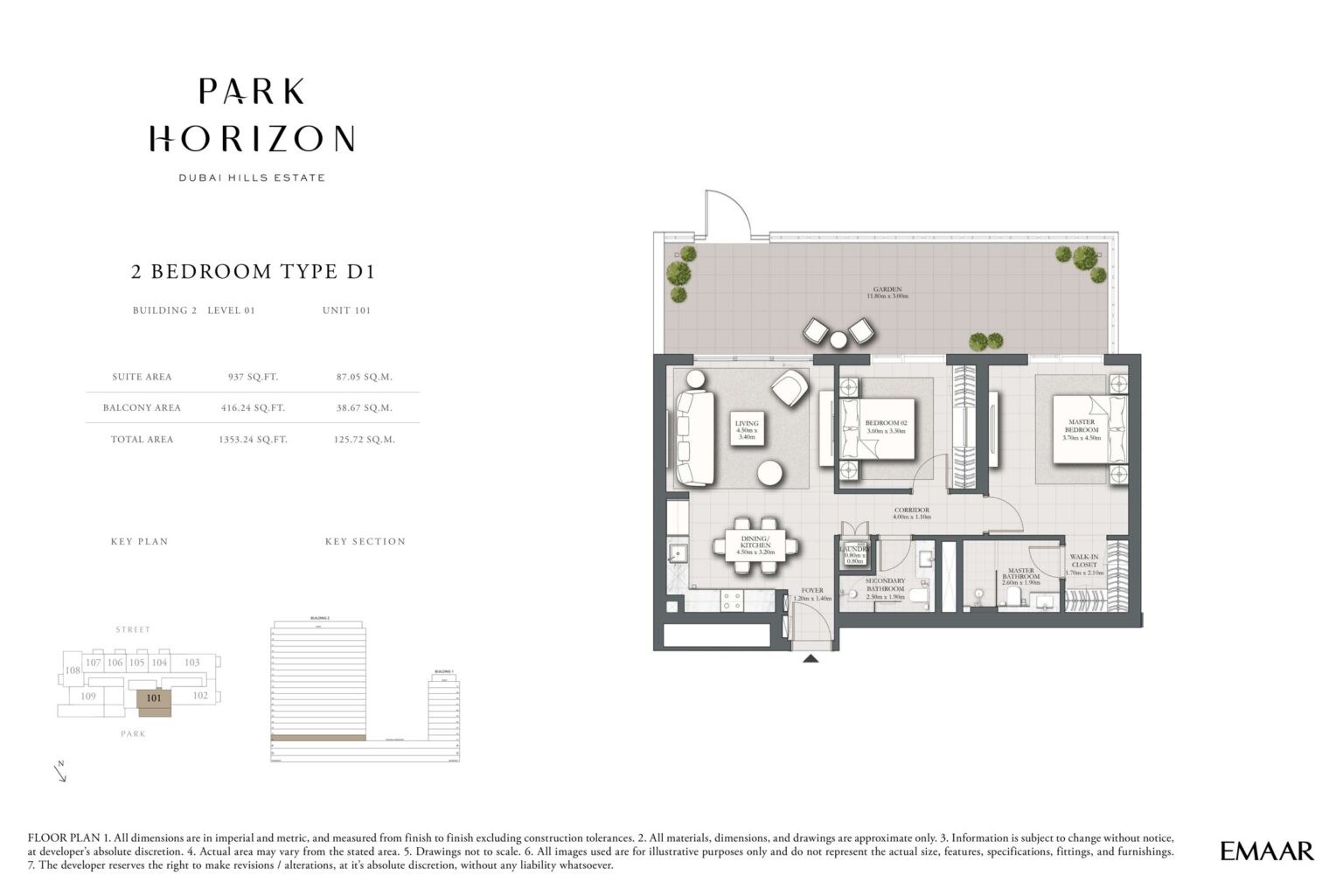 Park Horizon 2 bedroom type D1 floor plan, building 2 level 1, Dubai Hills Estate