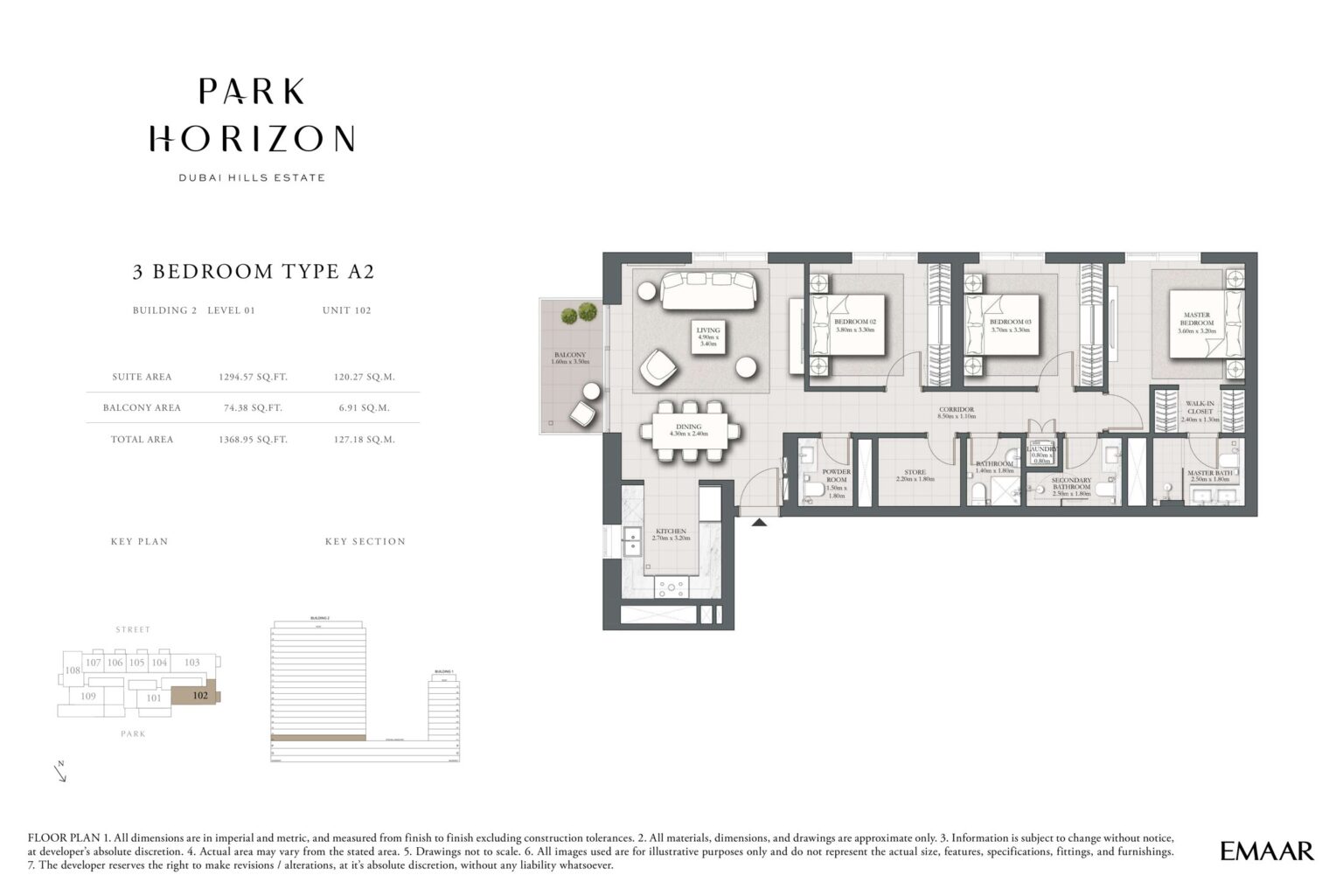 Park Horizon 3 bedroom type A2 floor plan, building 2 level 1, Dubai Hills Estate