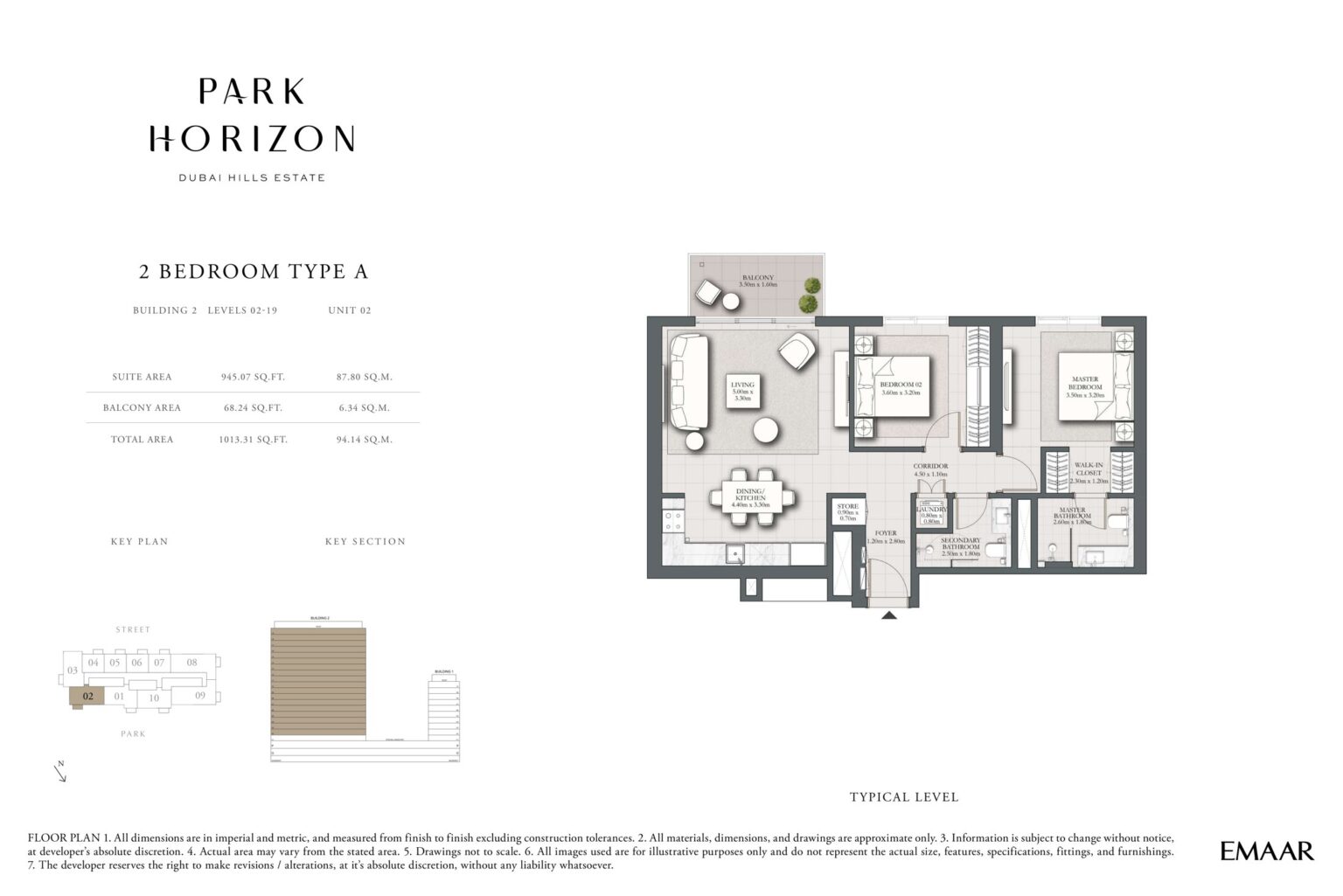Park Horizon 2 bedroom type A floor plan, building 2 levels 2 to 19, Dubai Hills Estate