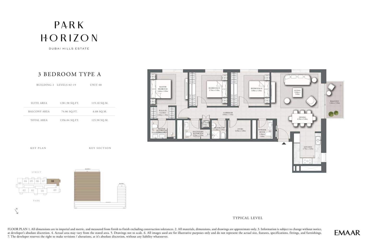 Park Horizon 3 bedroom type A floor plan, building 2 levels 2 to 19, Dubai Hills Estate