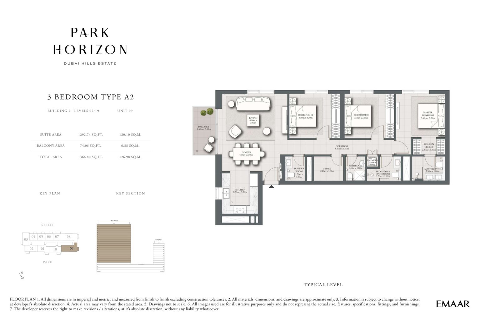 Park Horizon 3 bedroom type A2 floor plan, building 2 levels 2 to 19, Dubai Hills Estate