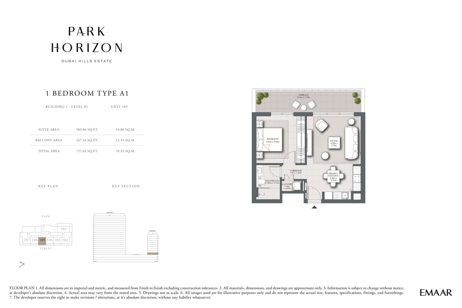 Park Horizon 1 bedroom type A1 floor plan, building 1 level 1, Dubai Hills Estate