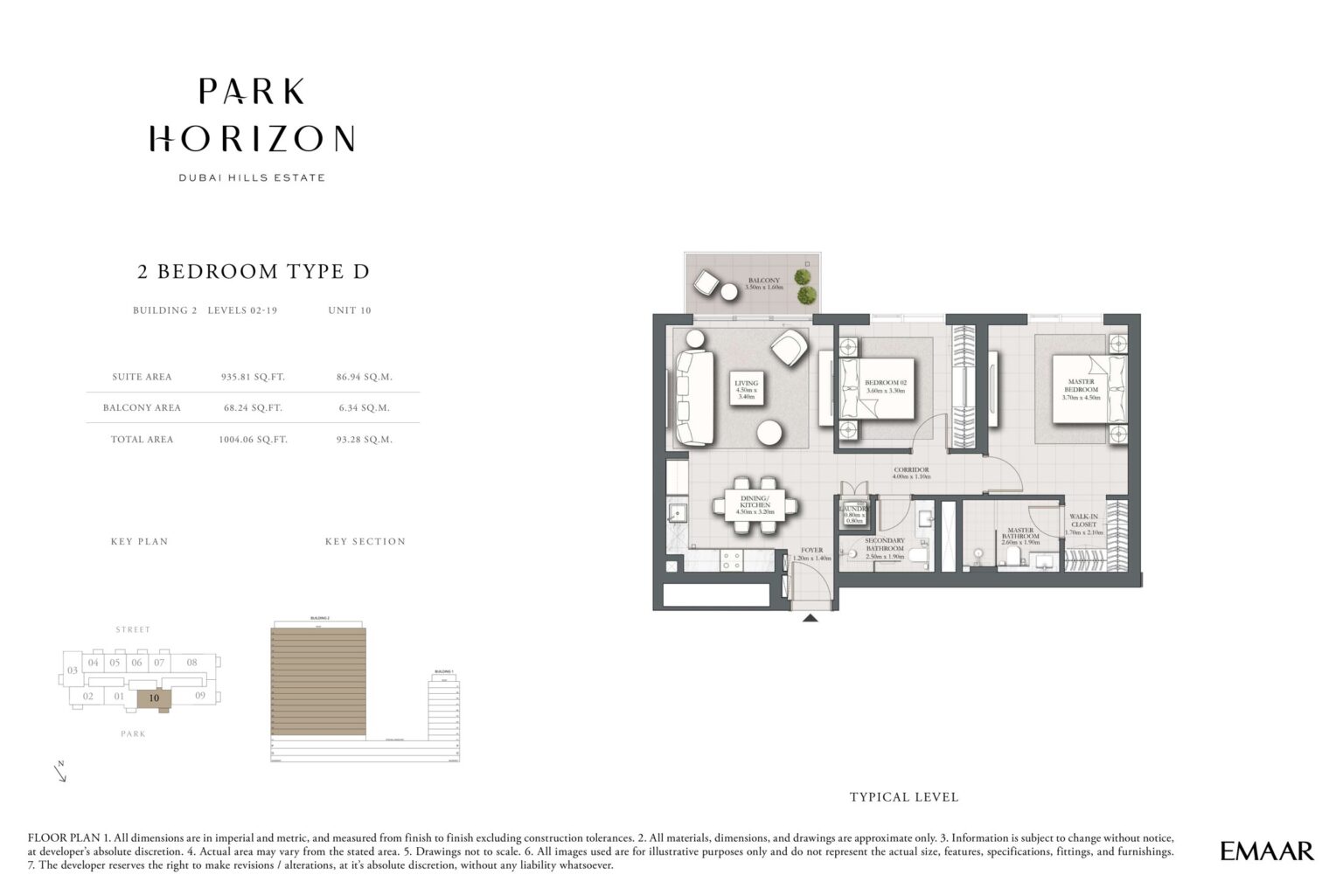 Park Horizon 2 bedroom type D floor plan, building 2 levels 2 to 19, Dubai Hills Estate