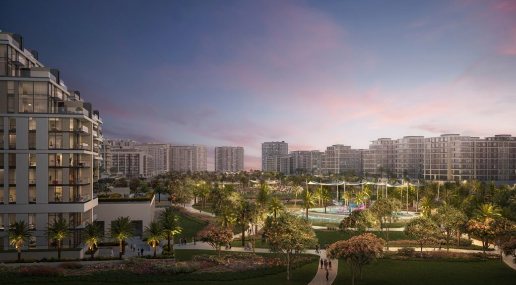 Parkside Views buildings above landscaped park at dusk, Dubai Hills Estate