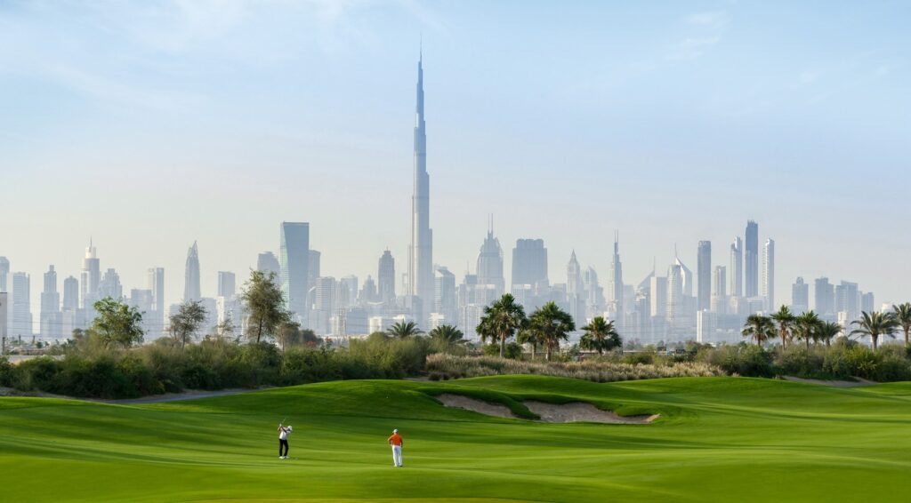 Golf course with Downtown skyline view near Parkside Views, Dubai Hills Estate