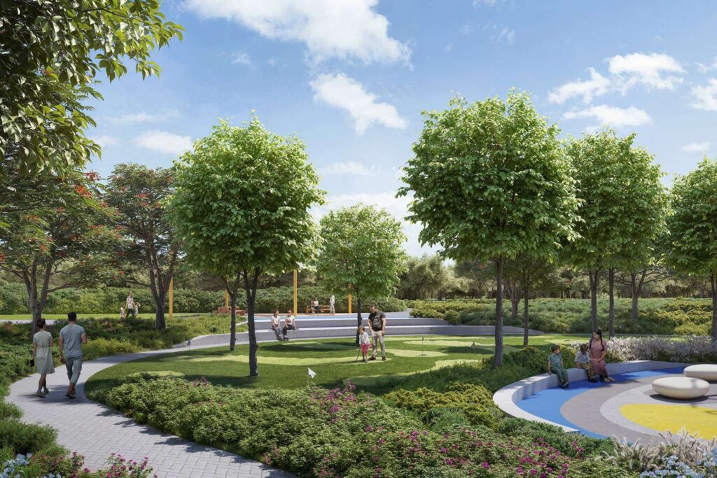 Landscaped park with walking paths and trees at Parkwood, Dubai Hills Estate