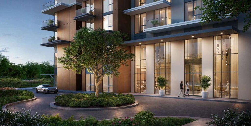 Parkwood residential tower entrance with tree lined drop off, Dubai Hills Estate
