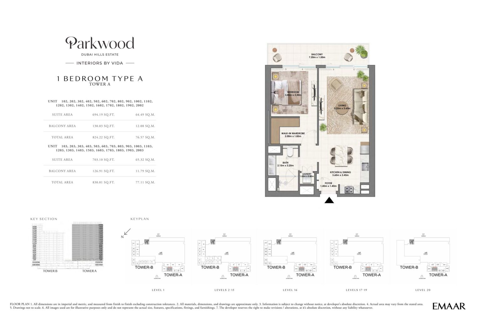 Parkwood 1 bedroom apartment floor plan, type A 102, Dubai Hills Estate