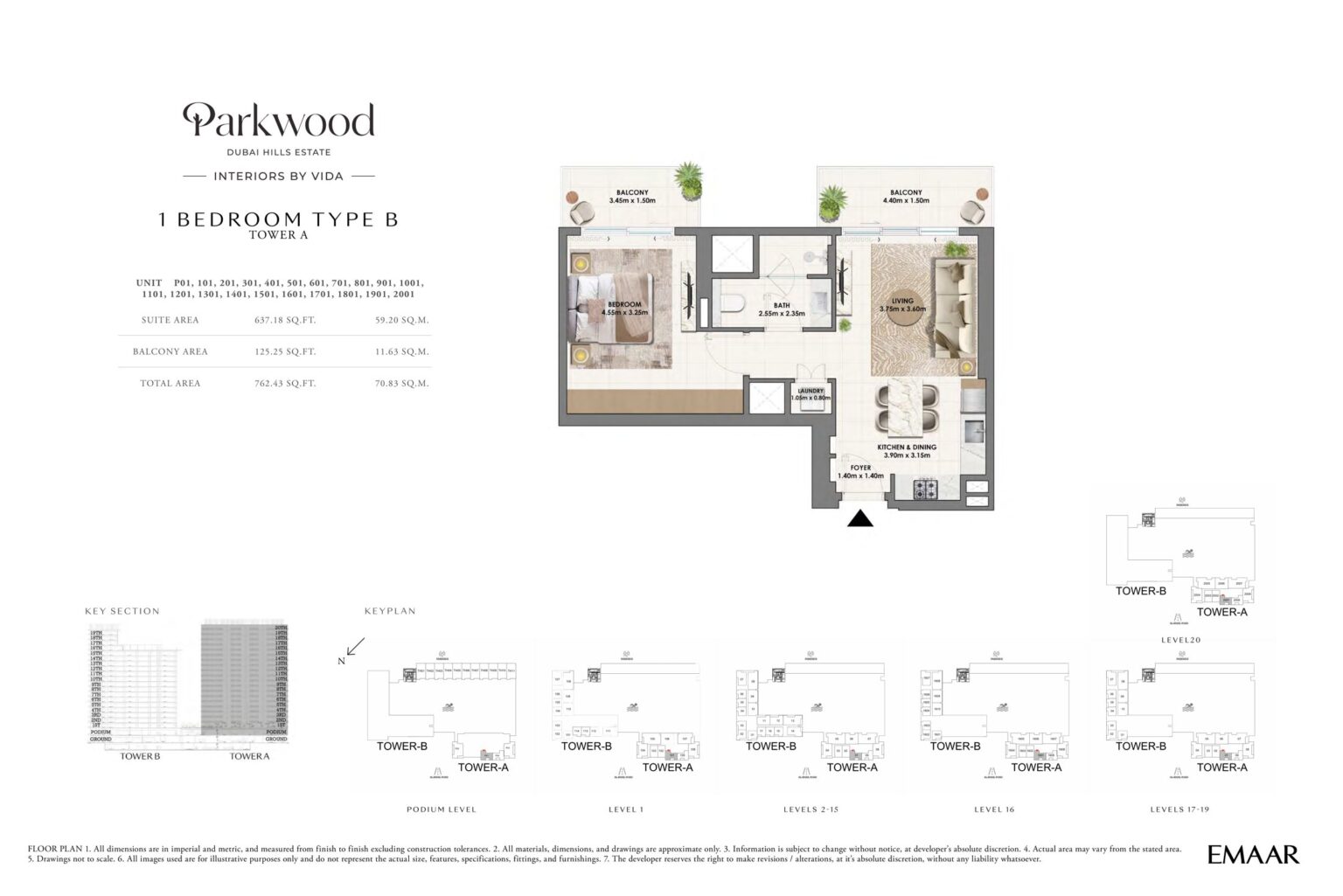 Parkwood 1 bedroom apartment floor plan, type B P01, Dubai Hills Estate