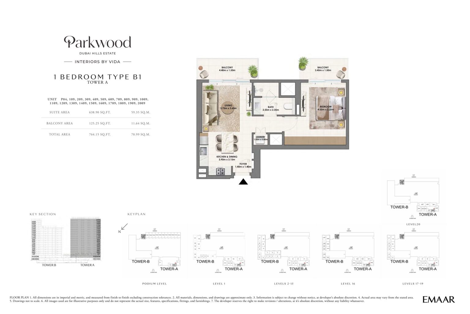 Parkwood 1 bedroom apartment floor plan, type B1 P04, Dubai Hills Estate