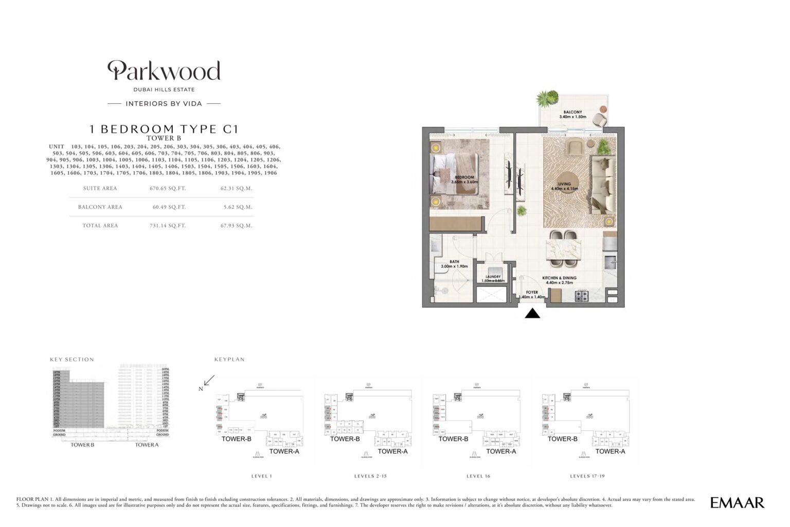 Parkwood 1 bedroom apartment floor plan, type C1 103, Dubai Hills Estate