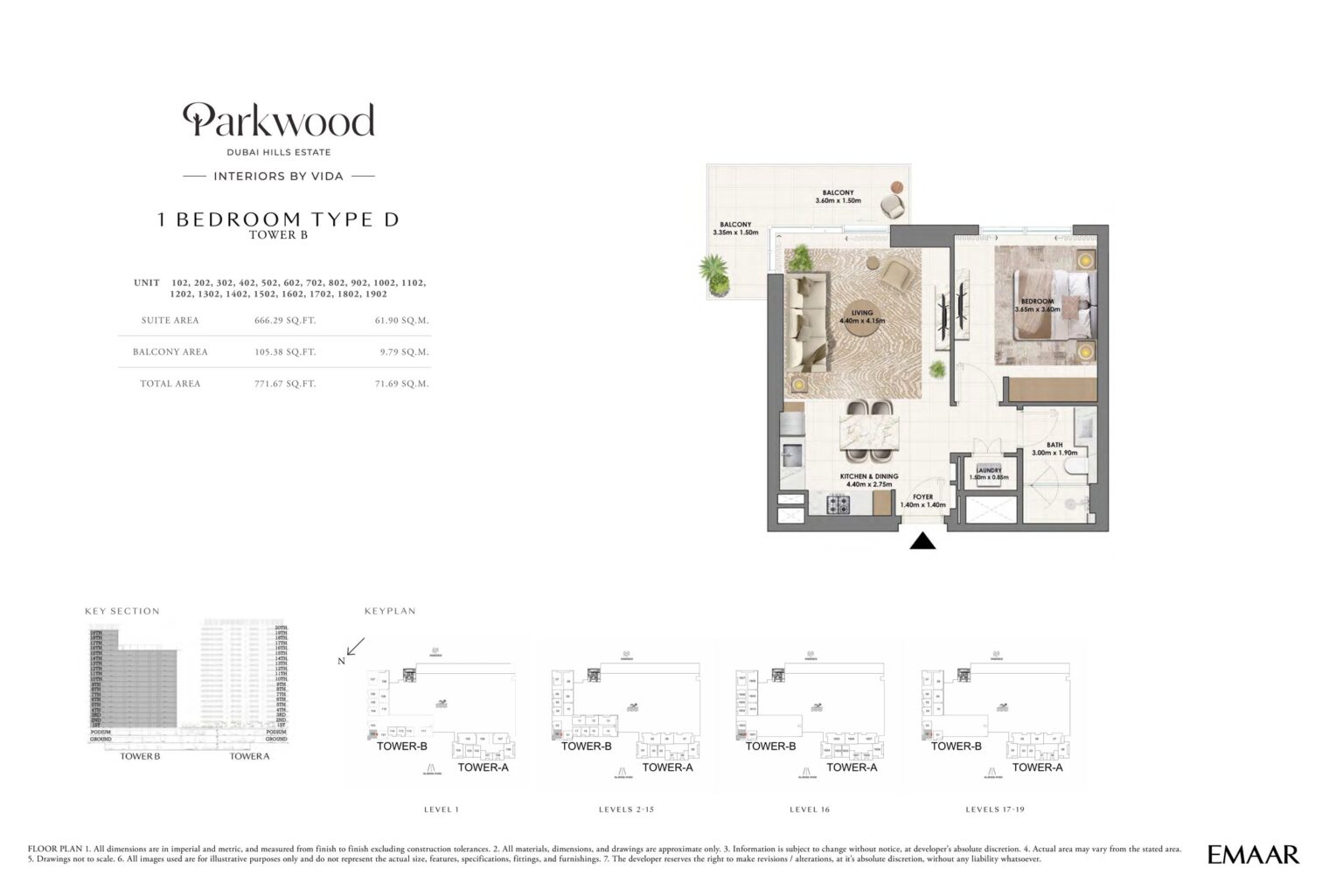 Parkwood 1 bedroom apartment floor plan, type D, Dubai Hills Estate
