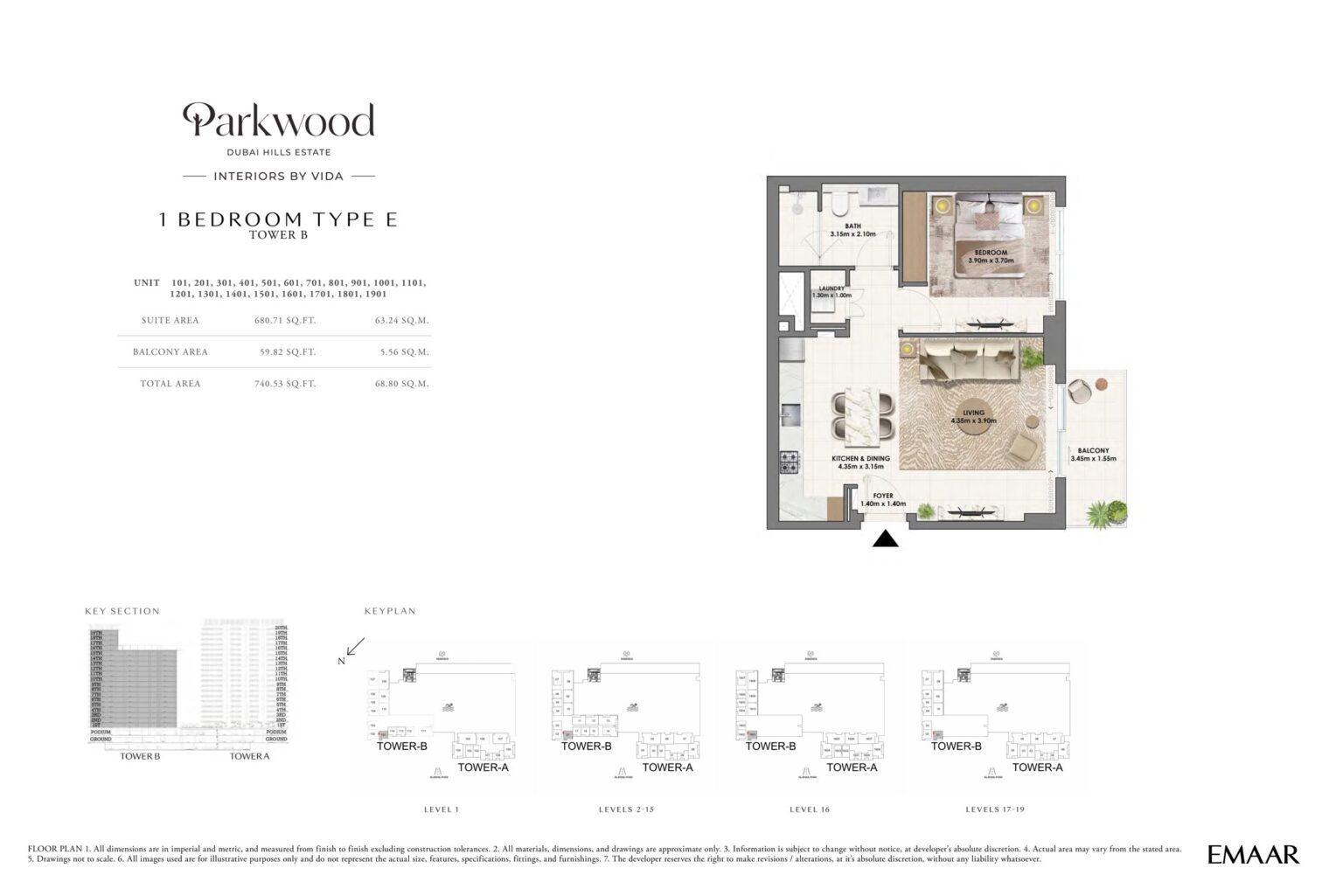 Parkwood 1 bedroom apartment floor plan, type E, Dubai Hills Estate