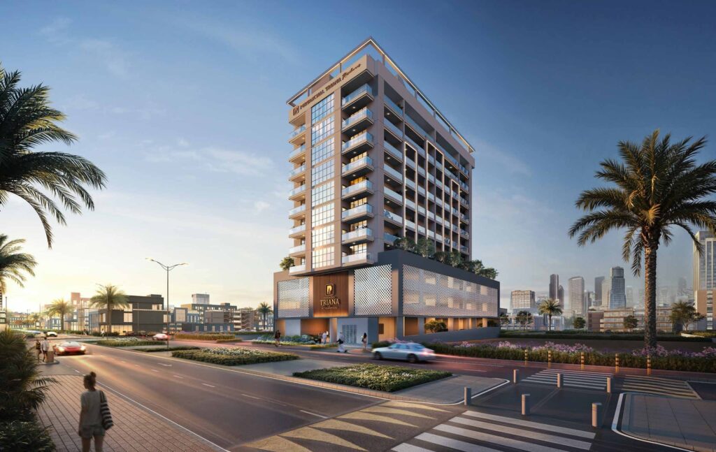 Purvanchal Triana Residences building with palm lined street at dusk, Al Wasl, Dubai