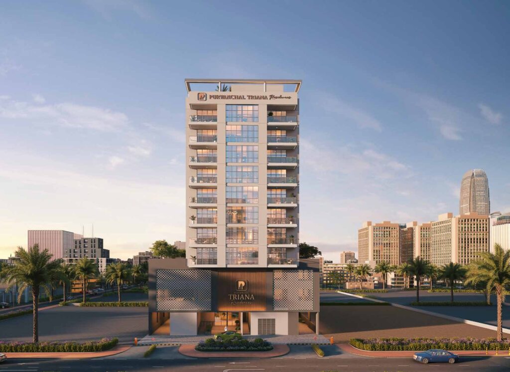 Front elevation of the Purvanchal Triana Residences tower, Al Wasl, Dubai