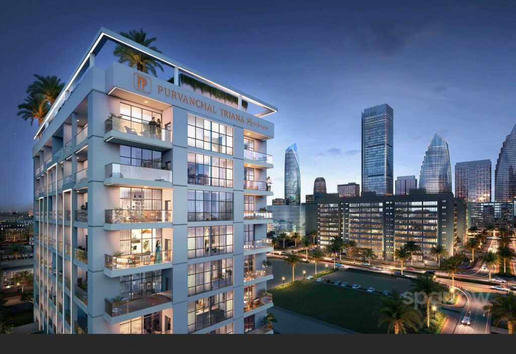 Purvanchal Triana Residences building lit at night with skyline beyond, Al Wasl, Dubai