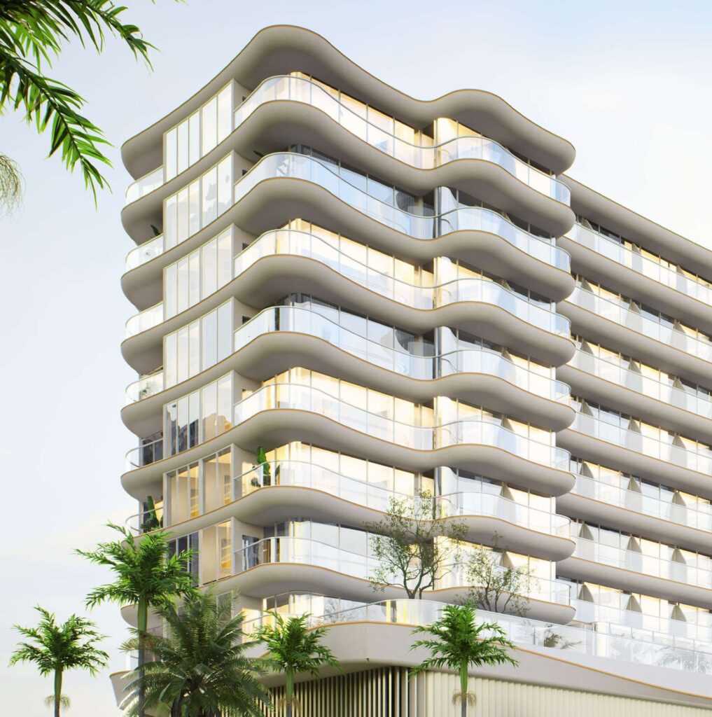 Curved balconies of Rabdan Gardens framed by palms, Al Wasl, Dubai