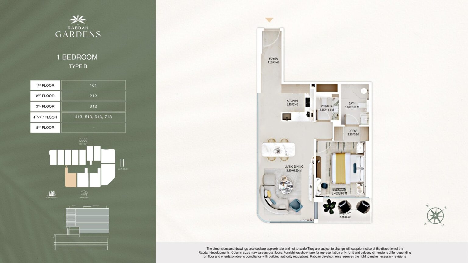 Rabdan Gardens 1 bedroom apartment floor plan, type B, Al Wasl, Dubai