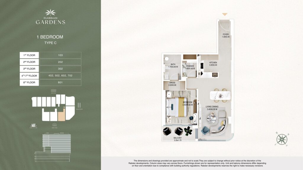 Rabdan Gardens 1 bedroom apartment floor plan, type C, Al Wasl, Dubai
