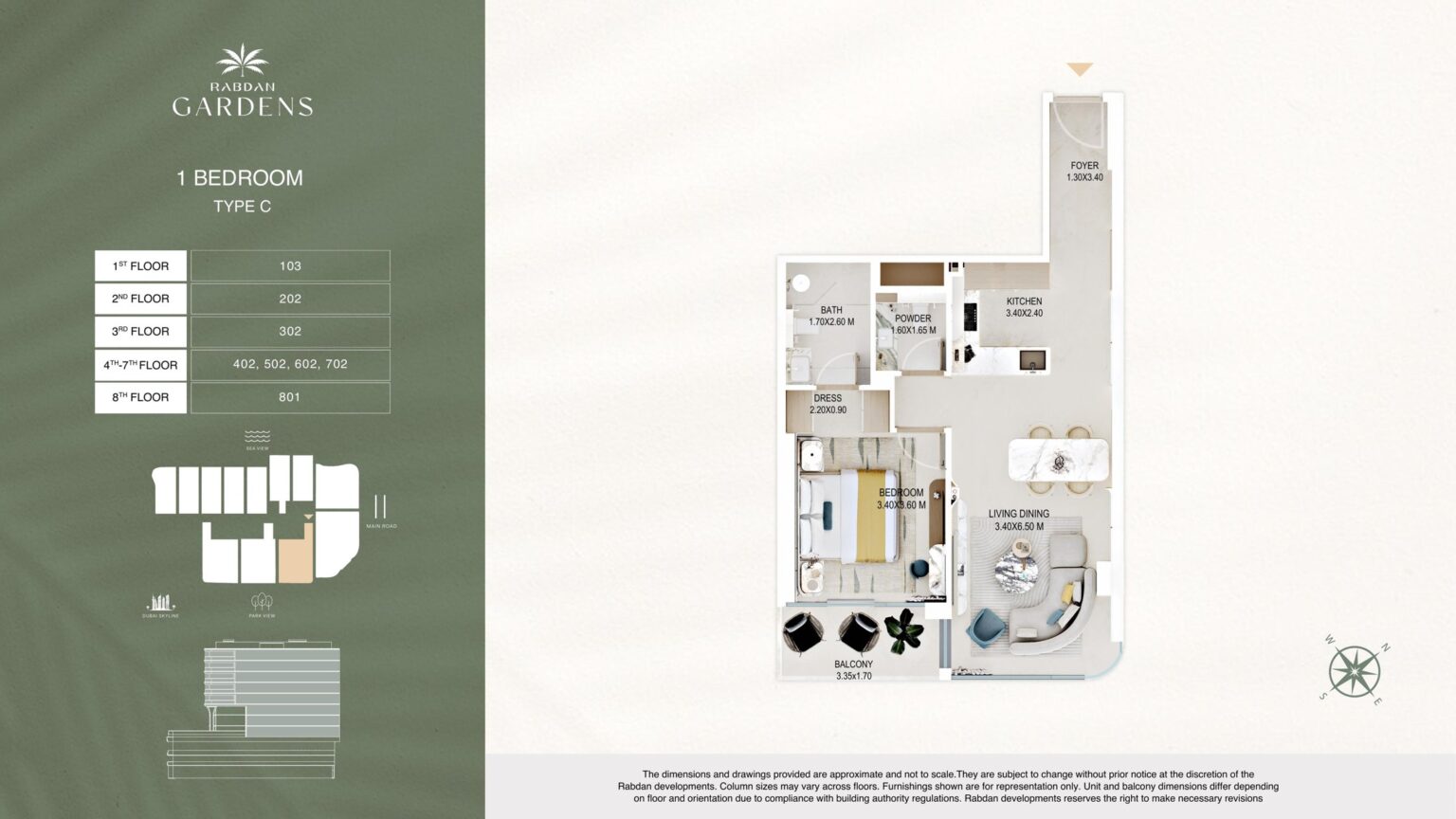 Rabdan Gardens 1 bedroom apartment floor plan, type C, Al Wasl, Dubai