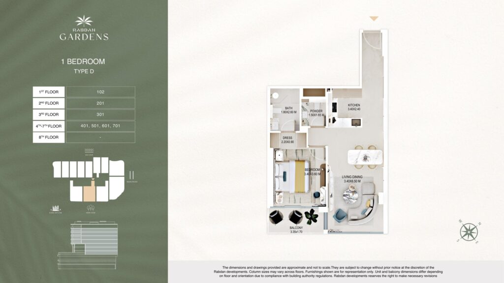 Rabdan Gardens 1 bedroom apartment floor plan, type D, Al Wasl, Dubai