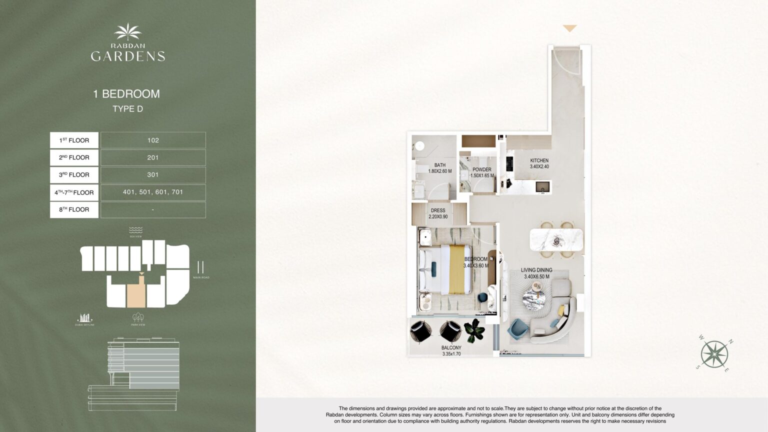 Rabdan Gardens 1 bedroom apartment floor plan, type D, Al Wasl, Dubai
