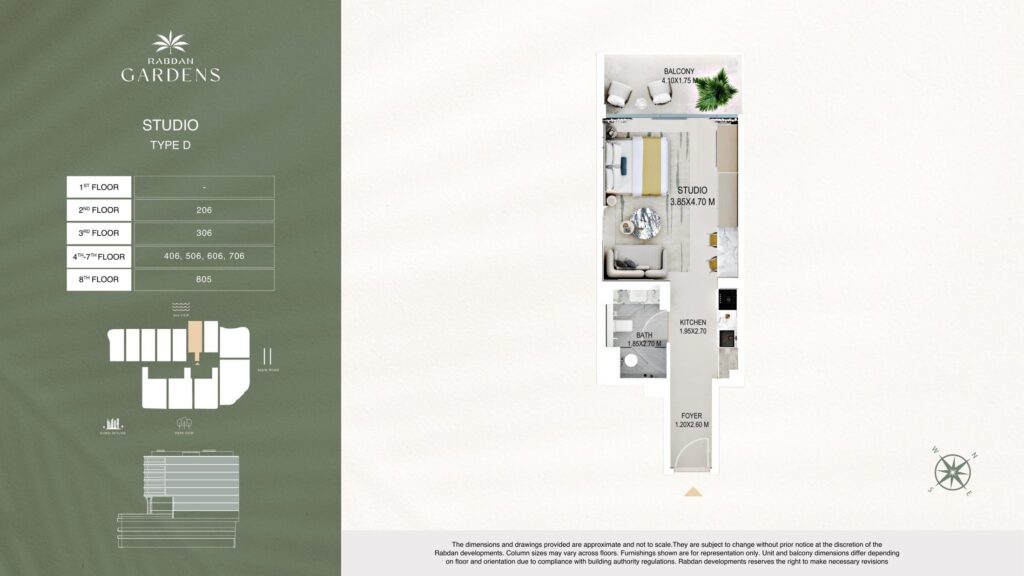 Rabdan Gardens studio apartment floor plan, type D, Al Wasl, Dubai