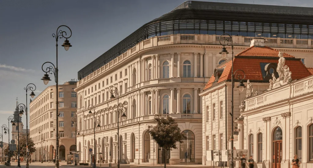 Historic European Raffles hotel building, Raffles brand imagery for Raffles Residences The Palm