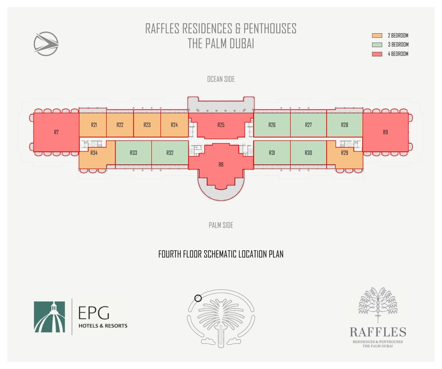 Raffles Residences The Palm apartments key plan showing 2 to 4 bedroom units, Palm Jumeirah