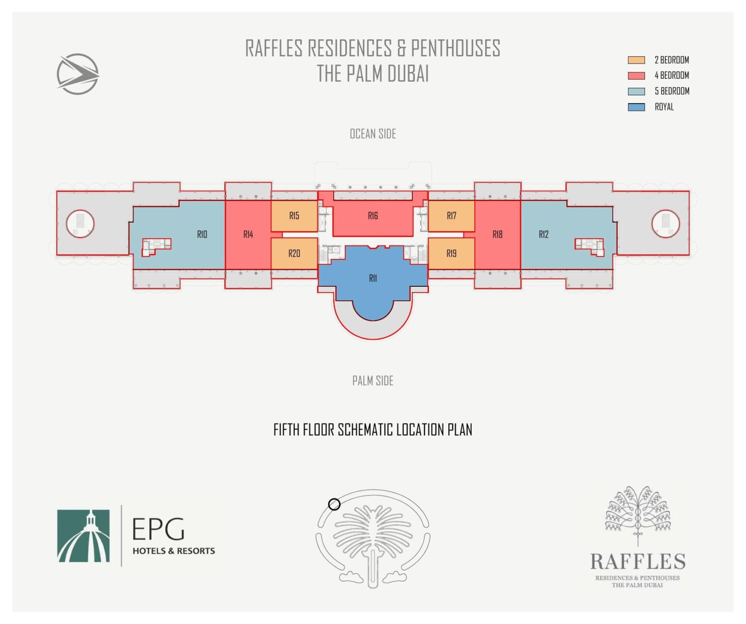 Raffles Residences The Palm key plan for apartments and Royal residences, Palm Jumeirah