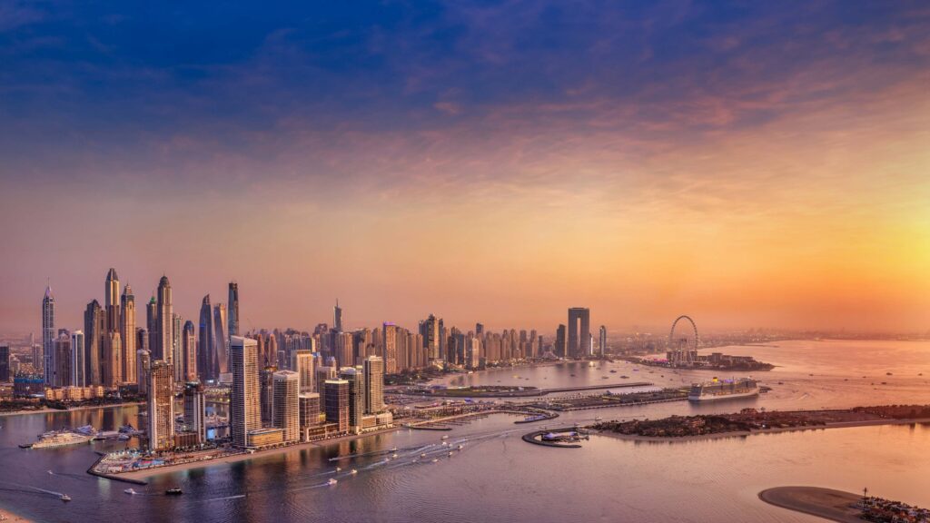 Dubai Marina skyline at sunset near Rove Home Dubai Marina