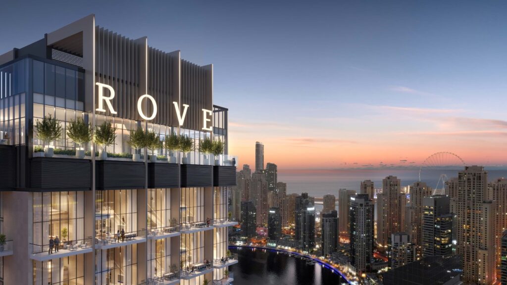 Rove Home Dubai Marina rooftop terrace with Dubai Marina views at sunset