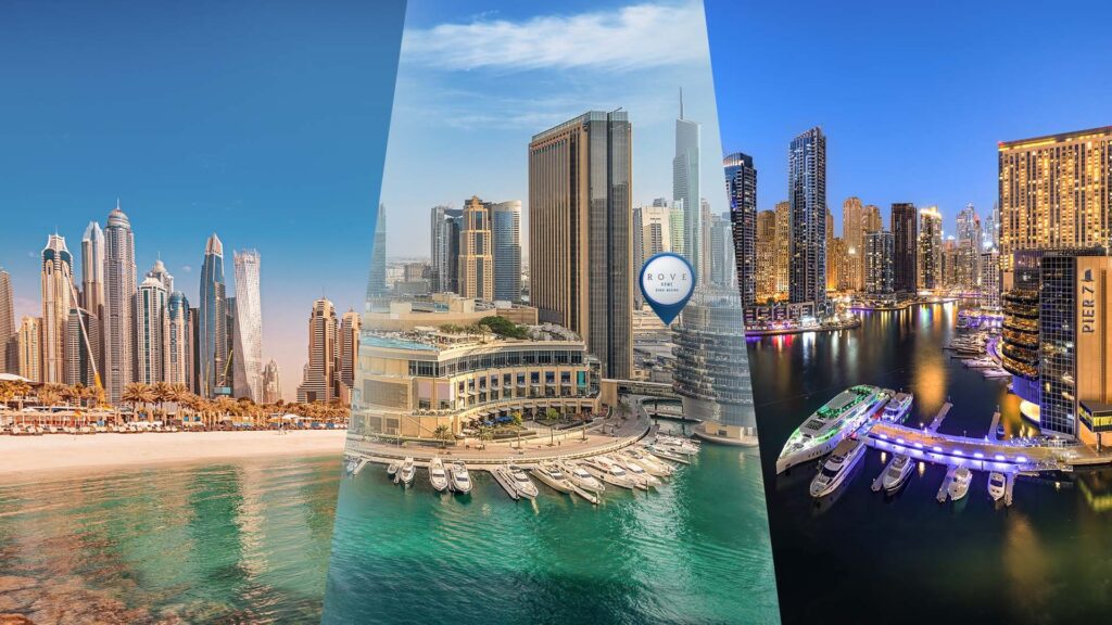 Collage of Dubai Marina landmarks near Rove Home Dubai Marina