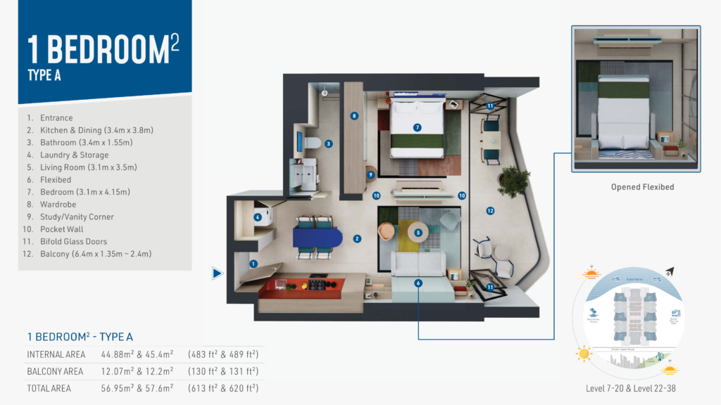 Rove Home Dubai Marina - Floorplans - 1 Bedroom