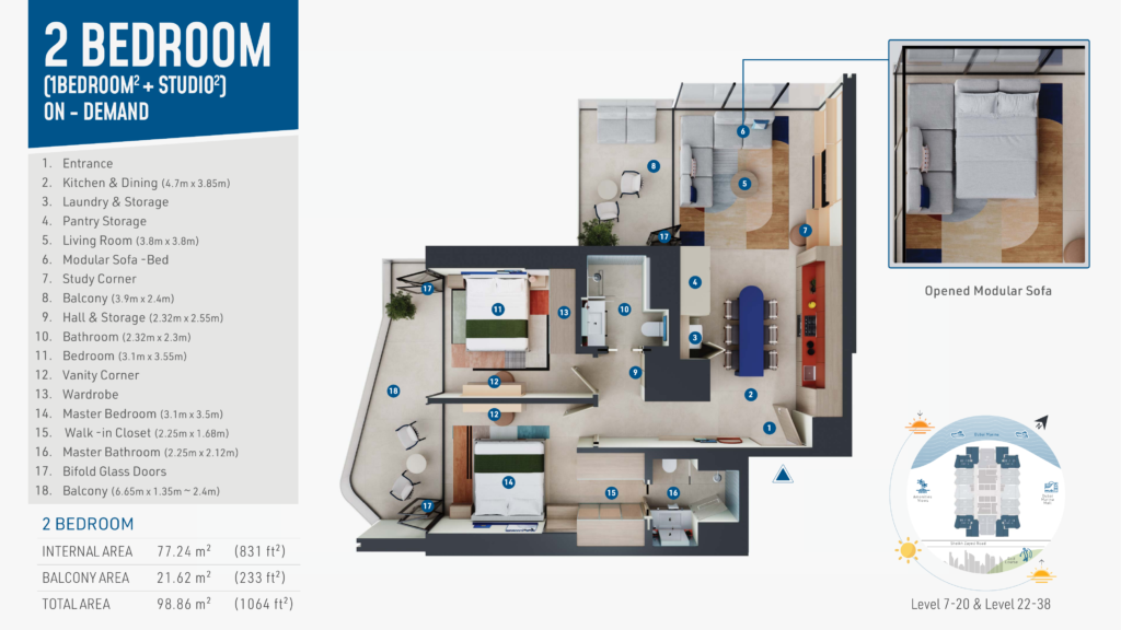 Rove Home Dubai Marina - Floorplans - 2 Bedroom