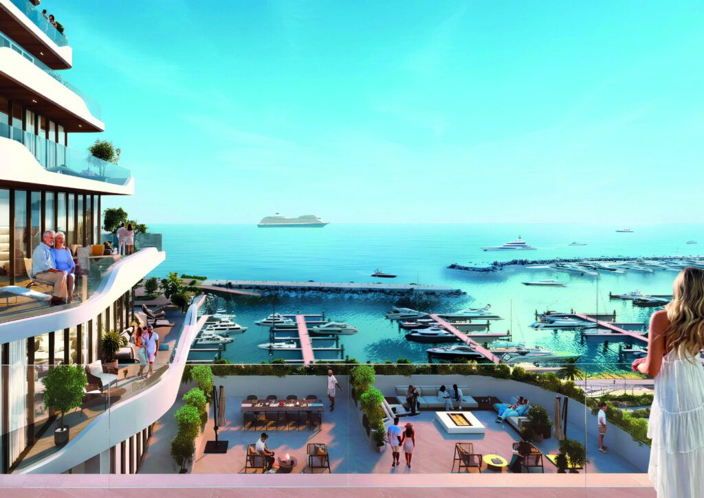 Terrace overlooking the yacht marina at Royal Yacht Club Residence, Dubai Islands