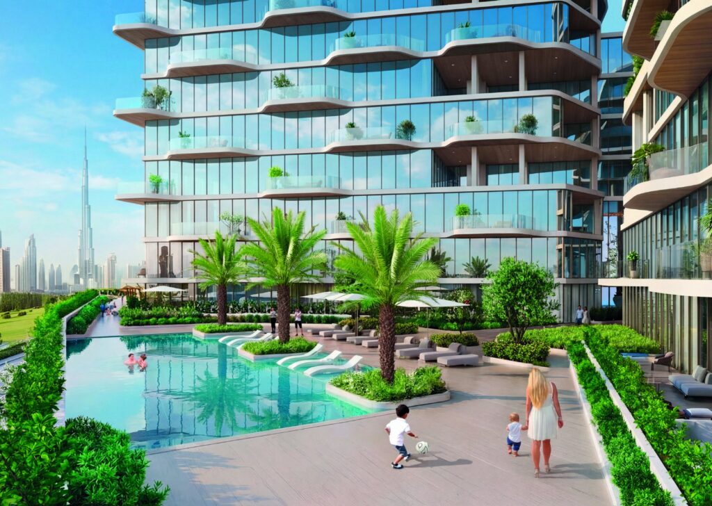 Landscaped pool garden between the Royal Yacht Club Residence buildings, Dubai Islands