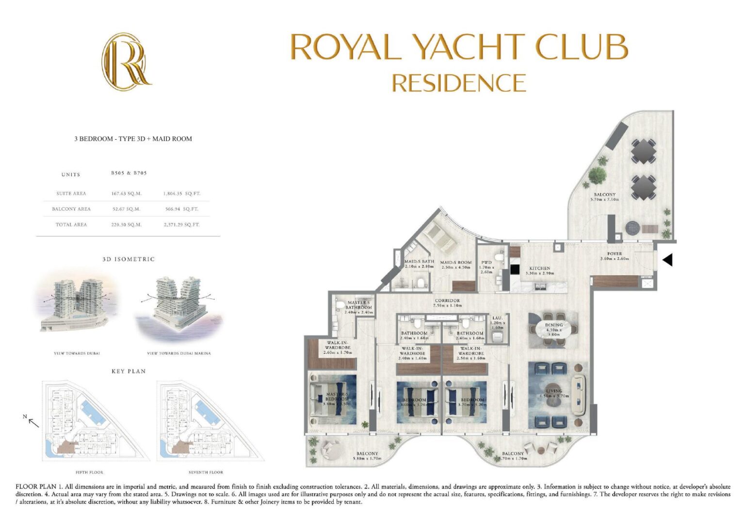 Royal Yacht Club Residence 3 bedroom apartment floor plan, type 3D, Dubai Islands