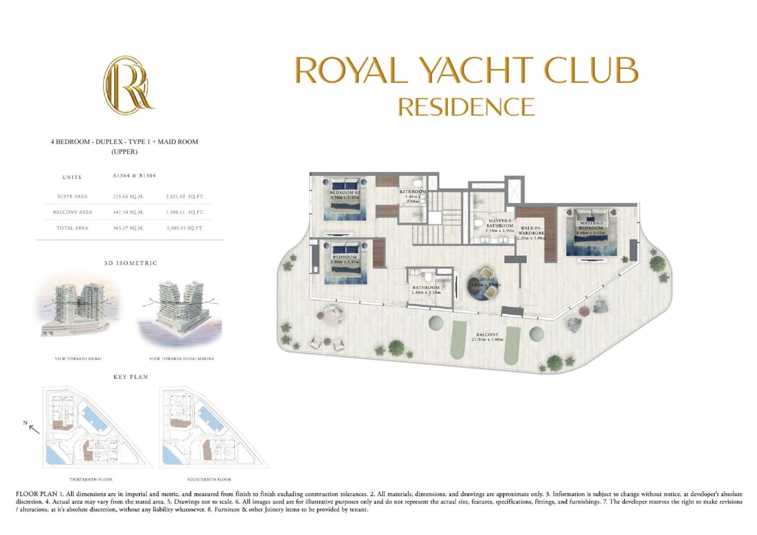 Royal Yacht Club Residence 4 bedroom duplex floor plan, upper level, Dubai Islands