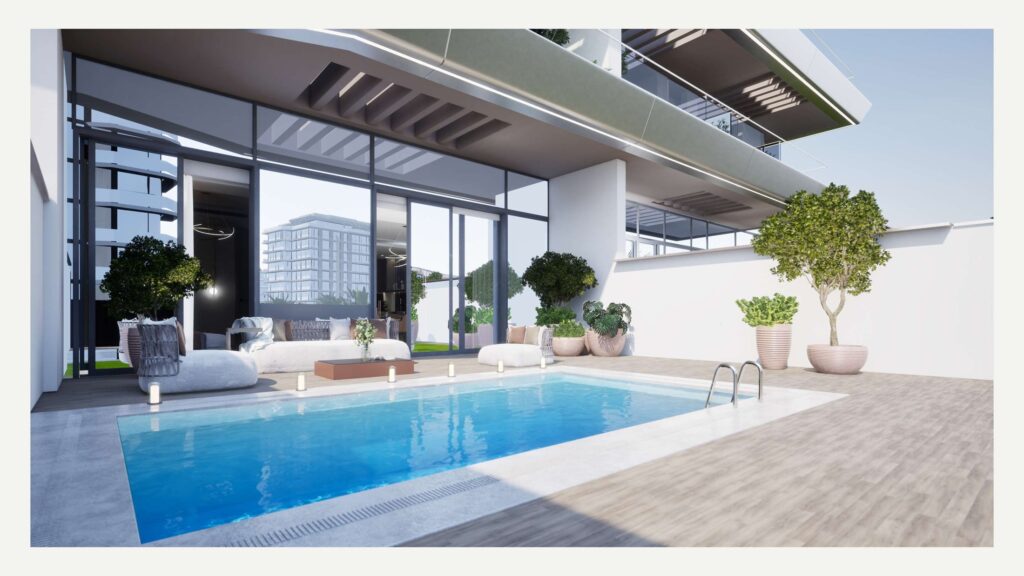 Private pool terrace beside the Sea Legend Tower One podium, Dubai Islands