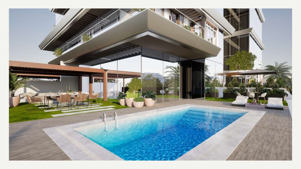 Swimming pool and lawn below the Sea Legend Tower One terraces, Dubai Islands