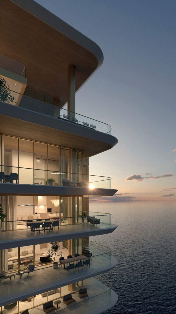 Curved balconies of Serenia Living at dusk, Palm Jumeirah
